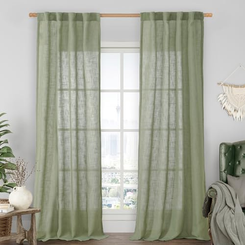 LAMIT Sage Green Linen Curtains for Living Room 84 inch Length 2 Panels, Light Filtering Semi Sheer Panels Back Tab and Rod Pocket Boho Neutral Drapes for Bedroom/Farmhouse, 38 x 84 Inch