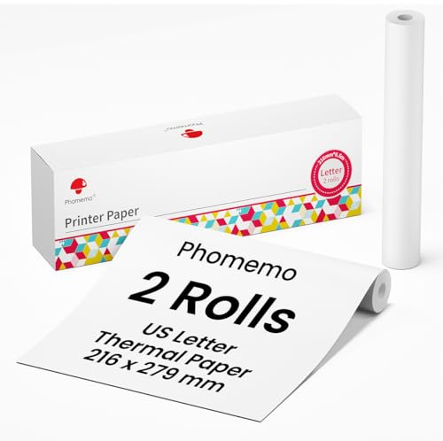 Phomemo Druckerpapier für M832/M831/M833/M834/M835 Bluetooth Handy Thermodrucker, Thermopapier A4 Druckerpapier 216mm*6.5m für Portable Inkless Printer A4, 2 Rolle Papier Drucker