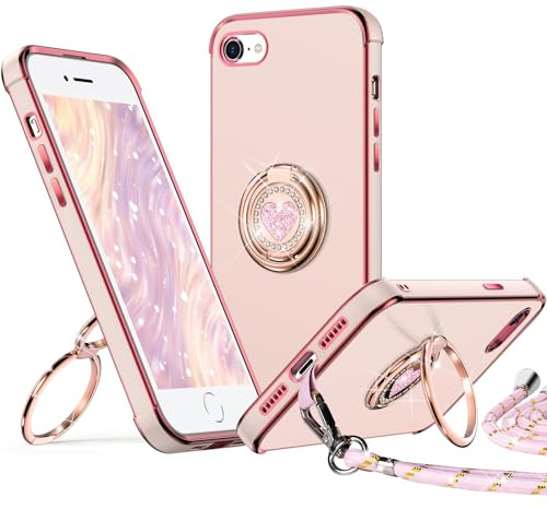 XYZ für iPhone 7/8/SE 2022/SE 2020 Hülle mit Band, Rosa | Herzen Doppelring Ständer HandyHülle, Frauen Mädchen Dünn Stoßfeste Case mit Handykette, Anti Kratzt SchutzHülle