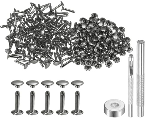 QUARKZMAN 100 Sets 9mm x 16mm Leder Nieten, Metall Doppelkappe Nieten Tubular Runde Druckknöpfe mit 3 Stück Werkzeugen für Handwerk Reparatur Dekoration Gürtel Kleidung (Schwarz Grau)