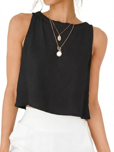 IDEALSANXUN Black Crop Tank Tops for Women 2026 High Neck Summer Cute Y2k Cropped Sleeveless Cotton Linen Tops, Black, S