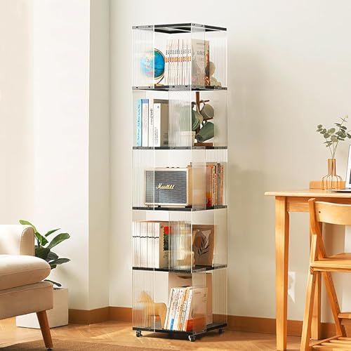 BESTXH Drehbares BüCherregal Vitrine, Curio-Sammlung Vitrine Mit RäDern, Acryl Drehbarer BüCherregalturm, 360°-Ausstellungsregal Mit RäDern, FüR Kleine RäUme,Schwarz,5thFloor