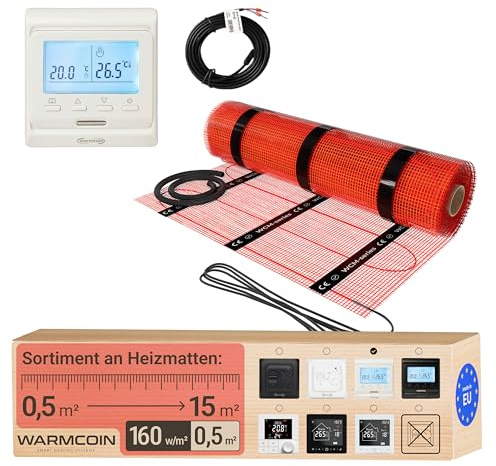 Warmcoin Elektrische Fußbodenheizung Komplettset 160 W/m² – Selbstklebende Heizmatte für Fliesen, Laminat, Vinyl & Parkett [0,5 x 1 m = 0,5 m²] – Inkl. programmierbarem LCD-Thermostat W51 Weiß