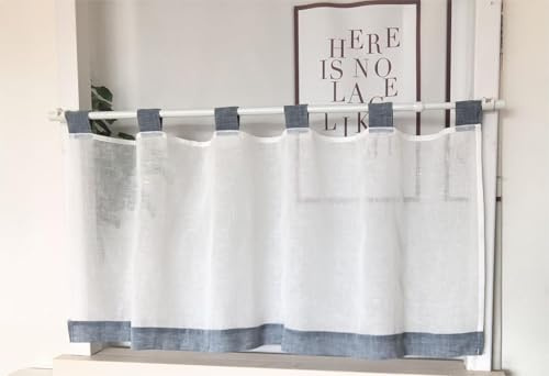 Vordesack Leinenoptik Scheibengardine mit farbigen Schlaufen HxB 45x90cm | Kurzstore Kleinfenster Küchengardine Halbtransparenter Fensterbehang Landhausstil für Küche, Bad und Café 1 Stück Blau