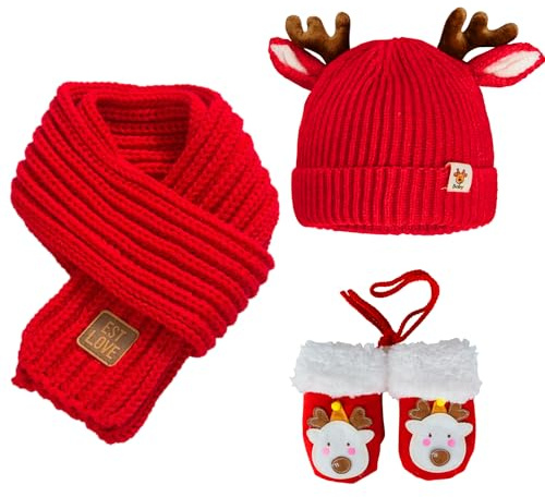 Kinder Wintermütze Schal Handschuhe Set, Kindermütze Strickmütze Babymütze Kinder Mütze Set Mütze Jungen Mädchen Beanie Hut kinderhandschuhe kinderschal Set Weihnachts Geschenke für Kinder 1- 6 Jahre