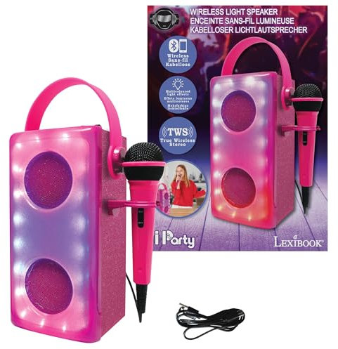 Lexibook, iParty, Enceinte Bluetooth® sans Fil Lumineuse avec Micro, Effets Lumineux Multicolores, Port de Carte SD/TF, Batterie Rechargeable, Rose, BTP185PKZ