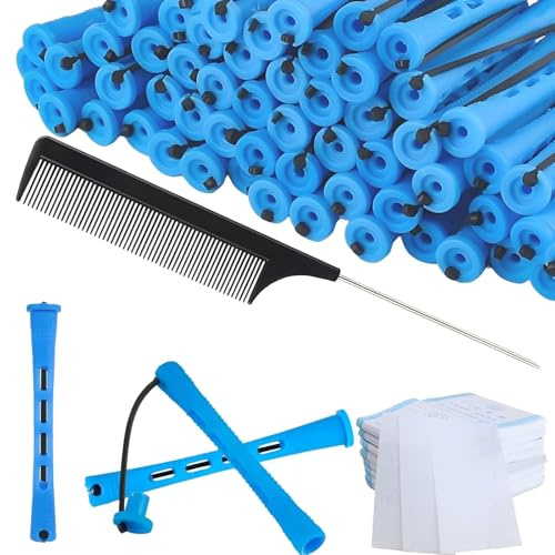 61 Pcs Perm Kit, 30 Blue Perm Rods 0.35 Inch 30 Perm Papers with a Comb Hair Rollers For Short Hair and Covered Hair Rollers for Fashionable Curly Hair, Hairstyle Creation
