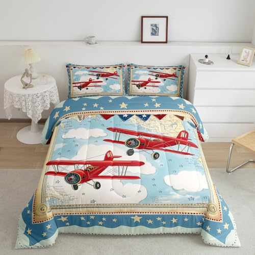 Aircraft Travel Kids Comforter Sets Toddler Size,Red Traffic Airplane Bedding Comforter Sets,Cartoon Sky Cloud Quilt Sets for Bedroom Decor,Watercolor Stars Print Duvet Insert with 1 Pillowcase