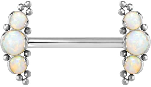 PIERCINGLINE Titan Barbell mit Push Fit 3 SYNTHETISCHE OPALE + KUGELN Brustwarzenpiercing Nippelpiercing Farb & Größenauswahl