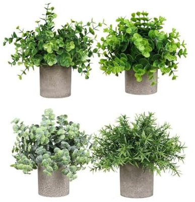 Airbirhom Set of 4 Small Potted Artificial Green Plants, Modern, Vibrant, Indoor, Home Decor