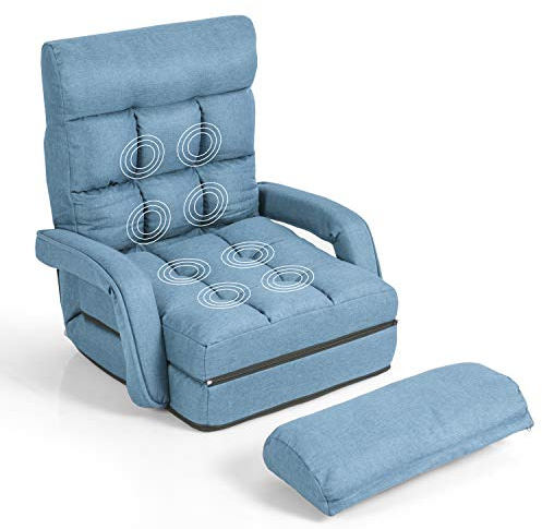 HOMASIS Bodenstuhl mit Schlaffunktion, Klappstuhl in 6 Stufen verstellbar, Schlafsessel mit Armlehnen & Kissen, Einzelsofa gepolstert & klappbar, Bodensofa für Zuhause Büro (Blau)
