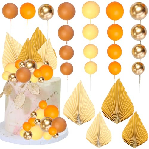 Gyufise 32Pcs Paper Palm Fan Cake Topper Balls Cake Topper Mini Balloon DIY Cake Insert Cake Decorations for Baby Shower Wedding Bridal Shower Birthday Party Decorations Yellow