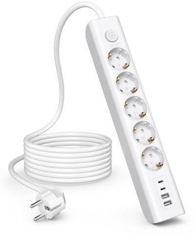 5 Fach Steckdosenleiste,9 in 1 Mehrfachsteckdose mit USB,3680W Steckerleiste mit Schalter,16A Mehrfachstecker mit USB C,Wandmontage Verteilersteckdose für Küche Büro,1.8M Kabel,Weiß