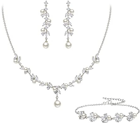 EleQueen Frauen simuliert Perle Hochzeit Schmuck Set, Cubic Zirkonia Marquise Floral Braut Halskette Ohrringe Armband Sets für Formale Ivory-Silber-Ton
