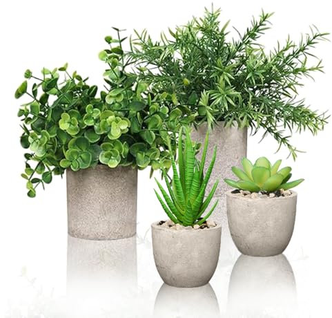 4 Set Artificial Plants Indoors in Pots, Small Plastic Fake Plants, Eucalyptus, Rosemary, Mini Succulents Faux Plant for Office Decor, Desk, Bedroom, Bathroom, Kitchen, Home Decoration in Christmas.