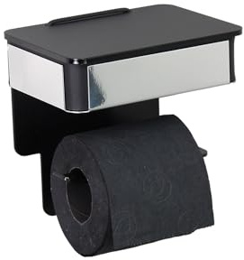 Toilettenpapierhalter mit Feuchttücherbox – 2-in-1 Wandhalterung mit Klebepads, hygienisch & bohrfrei, weiche Form (Schwarz/Edelstahl poliert, Rolle von Links befüllbar)