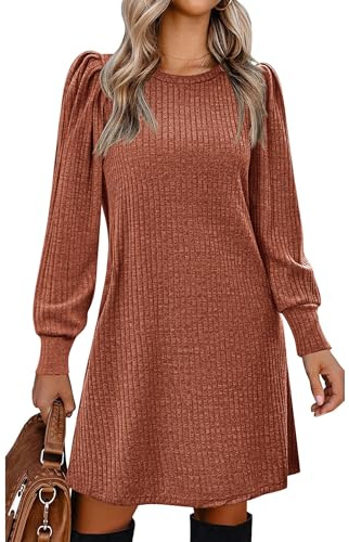 Zeagoo Damen Kleid Langarm Rundhals Winterkleid Puff Tunika Kleid Elegant Herbstkleid Midikleid mit Taschen Karamell M