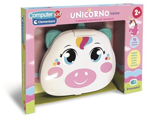 Clementoni - Computer Kid Unicorno Laptop Educativo Bambini 2+ Anni, 10 attività, Gioco Elettronico per Imparare Lettere, Numeri, Forme, Colori e Direzioni, Batterie Incluse, Lingua Italiana, 16489