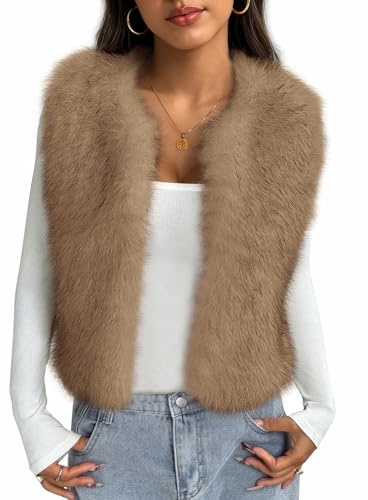 BTFBM Faux Fur Vest Women Fall Fashion 2026 Sleeveless Fuzzy Jacket Fluffy Coats Winter Clothing Furry Outerwear Vests(Khaki, Medium)
