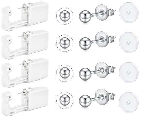 AceFun Silber Ohrlochstech Set,Einweg Ohrlochstech Pistolen Set mit 4 Stück UV Pad Ball Design Selbststechpistole und integriertem Ohrstecker 3mm für Frauen und Männer zum Ohrlochstechen