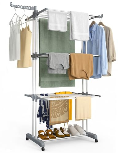 VOUNOT® Stendino Verticale a 4 Livelli 126x63x170 cm, Stendibiancheria Grande Capacità Pieghevole con Ruote e Ali Laterali, Uso Interno ed Esterno, Grigio Bianco