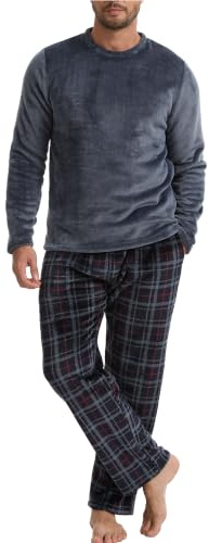 The Essentials Wardrobe Mens Fleece Pyjama Set Heavy Fleece Cosy Long Sleeve T-Shirt & Bottom Pants Sleepwear Loungewear Nightwear for Men Soft Top & Trousers Size S-XL
