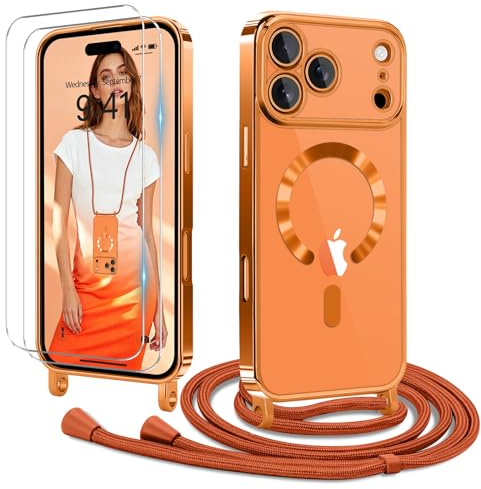 Ethanger für iPhone 17 Pro Hülle mit Band + 2 Schutzfolie, Orange | Handyband Transparent Silikon Handyhülle, Magnetische Schutzhülle Case zum Umhängen Kordel