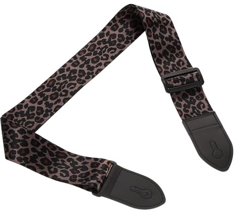 QUARKZMAN Gitarrengurt Vintage Bestickt 2 Breit Dunkelbraun Leopard | Baumwollgewebe Lederenden, Verstellbarer Gurt, Mit Schwarzer Plastikschnalle, Für Akustik Elektro Bassgitarren