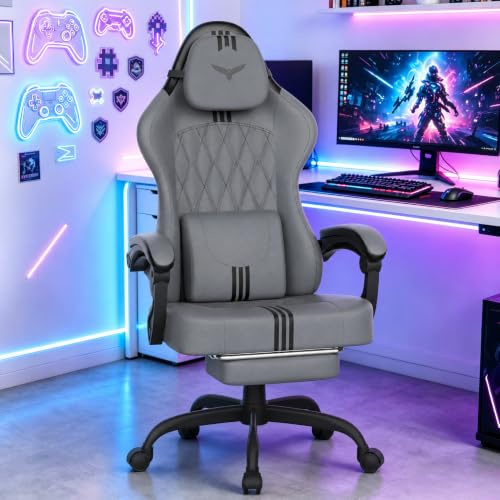 Verdego Gaming Stuhl Ergonomisch, Gaming Chair mit Massagefunktion Kopfstütze und Fußstütze, Kunstleder, Gamingstuhl Verstellbare Rückenlehne 90-145°, Höhenverstellbar 10cm, Gamer Stuhl, Grauschwarz