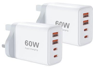 60W Multi USB Plug Fast Charger, Multiport USB Wall Plug Dual USB C Power Adapter Type C Charger Head, UK Charging Plug for i Phone 17 16 15 14 13 12 11 Pro Max Plus X XS XR