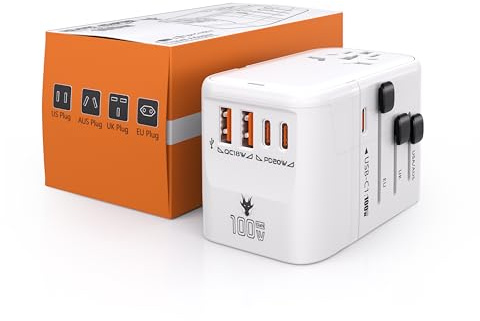 100 W GaN universell adapter med 3 USB-C(C1 PD snabbladdningsport) och 2 USB-A universell adapter, universell reseadapter för Europa, USA, Storbritannien, Australien, Kina, Japan, Thailand, vit