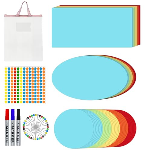 Moderationskarten Set 250 Stück Presentation Cards Rund Rechteckig Oval Präsentationskarten Bunt Moderationskoffer Flipchart-papier mit Dokumentenmappe A4 Lackmarker Stecknadeln Punktaufklebern