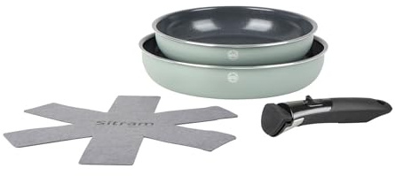 Sitram 717191 Lot de 2 Poêles SITRAMOVIBLE Ø24 & Ø28 cm en Aluminium Recyclé Vert – Revêtement Céramique CERANOX sans PFAS – Manche Amovible + Feutrine – Tous Feux Dont Induction