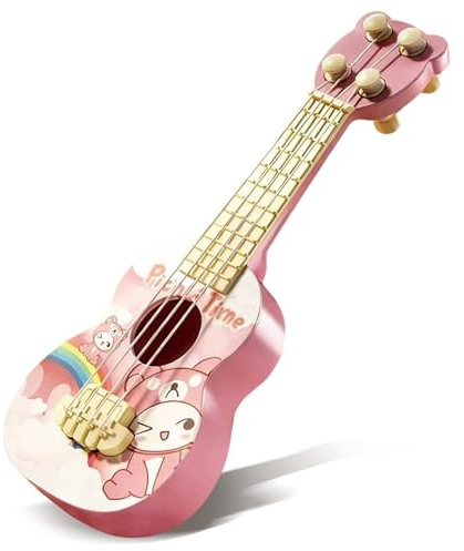 Falafoty Guitare Enfants, 26 cm Jouet de Guitare Ukulélé Instrument de Musique avec 4 Cordes Ajustables,Guitarette Jouet Musique Jouets éducatif pour Débutants Garçons Filles,Ukulélé Cadeau (Rose 1)