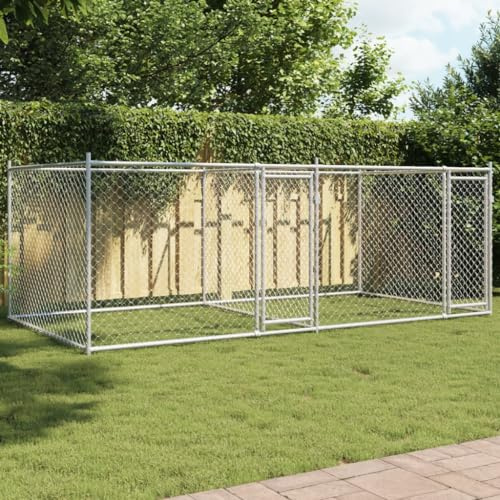 Hundezwinger mit Türen Grau 4x2x1,5 m Verzinkter Stahl, Robuster Außenlaufkäfig mit Sicherheitsverriegelung für Hunde, Langlebiger Metallkäfig mit Belüftungsdesign