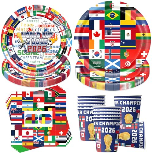 Shengruili 50 Stück WM 2026 Partygeschirr Set,WM 2026 Fußball Party Dekoration,Partygeschirr Geburtstag,Kindergeburtstag Deko mit Teller Becher Servietten,Party Geschirr für 10 Gäste