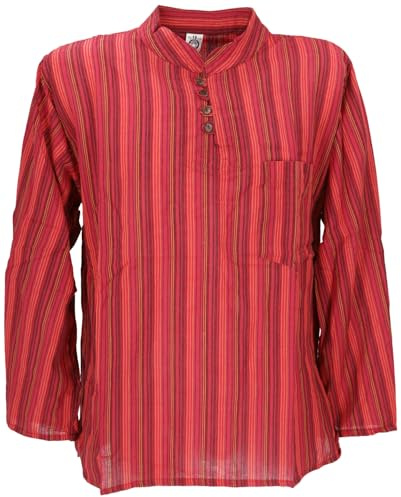 Guru-Shop, Camicia da Pescatore Nepalese, Camicia Hippie Goa a Righe, Camicia Yoga, Rossa, Cotone, Dimensione Indumenti:48, Camicie