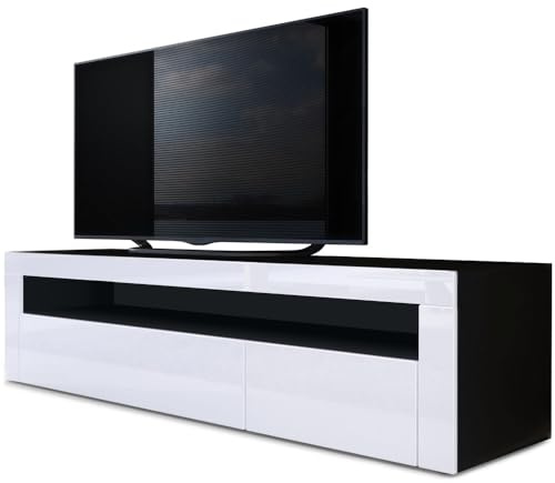 Vladon Valencia Lowboard, TV Unit with 1 Open Compartment and 2 Drop-Down Doors, Black Matt/white high gloss/white high gloss (155 x 46 x 40 cm)