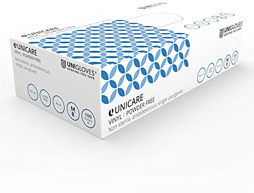Unigloves Unicare Gants d'examen en vinyle bleu - Gants à usage multiple, sans poudre et sans latex - Boîte de 100 gants, bleu, taille L (GS0084)