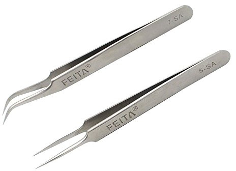 FEITA Precisionspincett – professionell rostfritt stål rak och böjd spetsig mycket fin spets pincett set för ögonfransförlängning, fransförlängningar, hårplockning (silver 2 st)