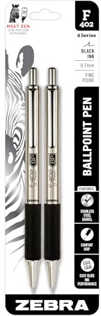 Zebra Pen STEEL F-402 Retractable Ballpoint Pen, Black Ink, 0.7mm, 2-Pack