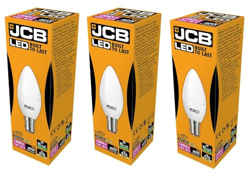 JCB 4.9w LED B15 Candle Bulbs Small Bayonet, 40w Incandescent Bulb Equivalent, 470lm, Warm White 3000k, Non Dimmable, LED Small Bayonet Bulb Candle Light Bulbs, 220-240v. Packs of 3 Units