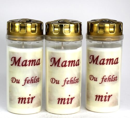 3 Stück Grablichter, Grabkerzen, 3er Set mit Spruch Mama, Größe 16x6 cm - Brenndauer ca. 4 Tage je Grablicht – Elegante Gedenkkerzen, Trauerkerzen mit Spruch. (3908)