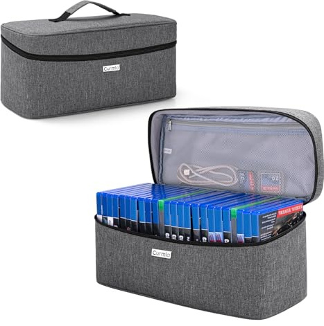 CURMIO Aufbewahrungstasche für PS Spiele, bis zu 24 Stück, Grau | Verstellbaren Trennwände, Tragegriff, für PS5/ PS4/ Xbox Serie X/S/ Xbox One Spiele/ CD/ DVD/ Blu-Ray, Nur Tasche