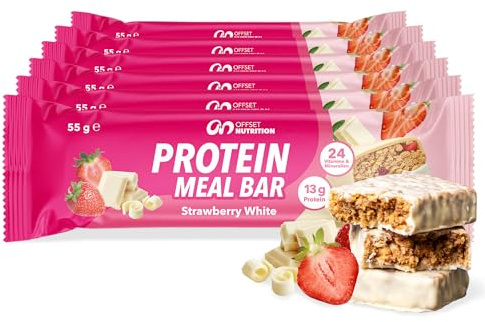 OFFSET Nutrition Protein Riegel Strawberry White 6x55G [Bis zu 13G Eiweiß pro Proteinriegel] mit 24 Nährstoffen & Mineralien | Nur 206 KCAL pro Eiweißriegel | Glutenfrei