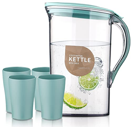 Berglander Pichet d’eau de porte de réfrigérateur avec couvercle et 4 tasses, carafe en fibre de verre transparente de 2,1L parfaite pour faire du thé, du jus et des boissons froides, carafe d’eau
