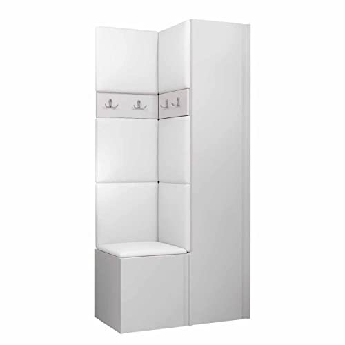 Mirjan24 Monati XXIV - Ensemble de vestiaires, armoire à chaussures avec 3 compartiments, 2 planches à patères, panneau rembourré/panneau mural, 4 crochets doubles - Porte-manteau mural (blanc, doux