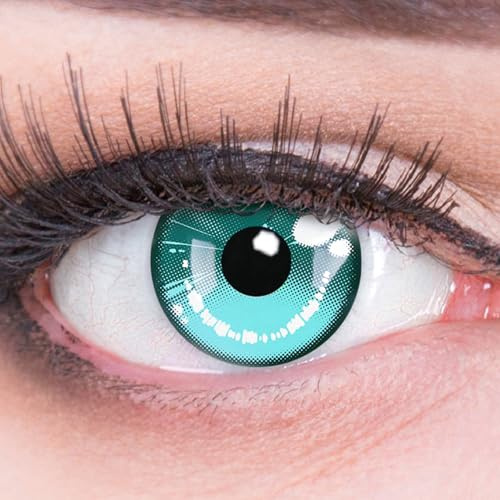 Meralens farbige Kontaktlinsen Anime Arc 2 Green crazy fun grüne Jahreslinsen 1 Paar ohne Stärke mit gratis Linsenbehälter – Top Qualität für Fasching, Karneval, Halloween, Cosplay