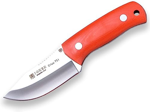 Joker Cuchillo desollador Erizo TS1 CN81-F, Cuchillo con Hoja de 7,5 cm, Mango Canvas Micarta Naranja, Funda kydex con pedernal en Color Negro, Herramienta de Pesca, Caza, Camping y Senderismo.