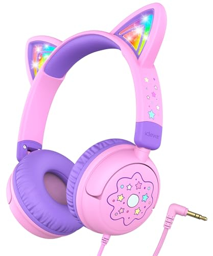 iClever Casque Audio Enfant, d'oreilles de Chat avec Éclairage LED, Volume Limité 85dba, Son Stéréo, Casque d'Écoute pour Enfants Pliable avec Fil 3.5 mm, pour ipad, Tablettes, Voyages, l'École